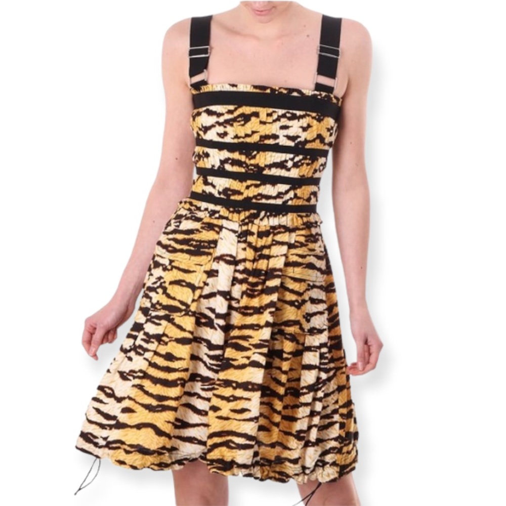 Dolce & Gabbana Yellow, Black and Cream Tiger-Print Cotton Dress